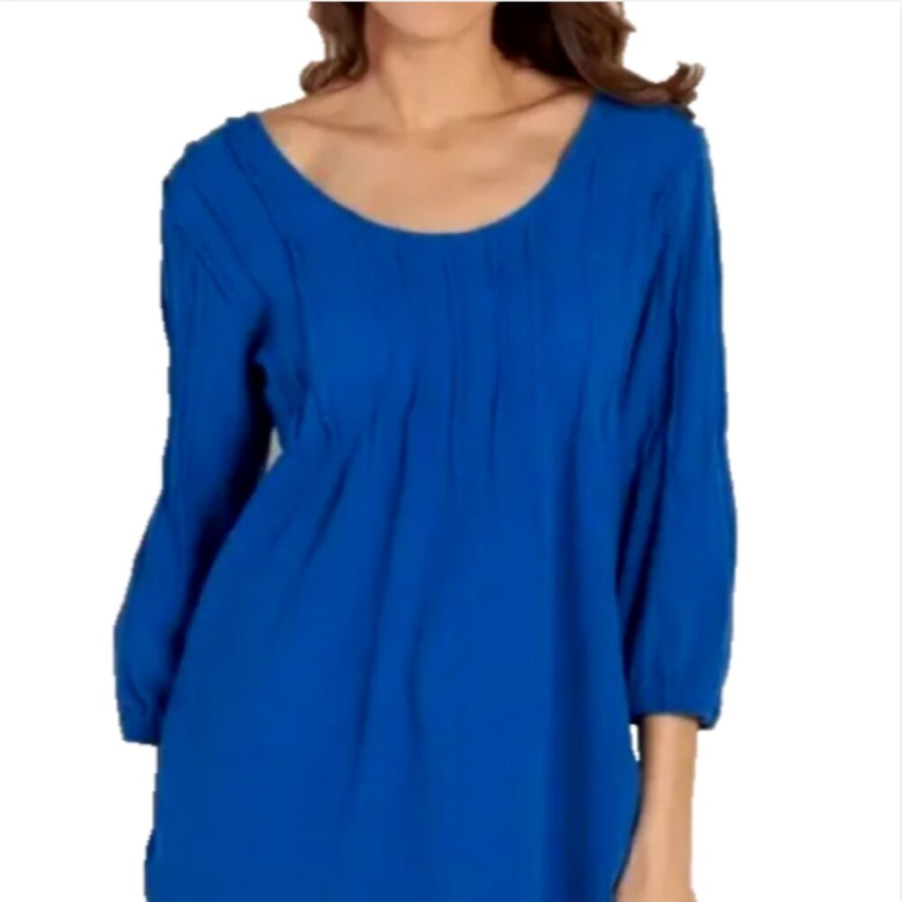 Soft Surroundings Langenlook Pintuck Cotton Gauze Top 3/4‎ Sleeve S Blue #225i